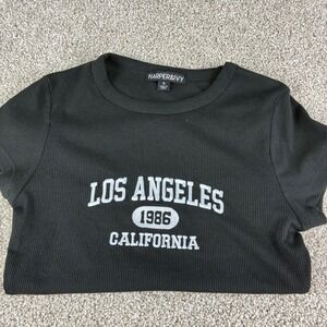 Harper & Ivy Los Angeles California Y2K Ribbed Graphic Tee T Shirt Black Size S